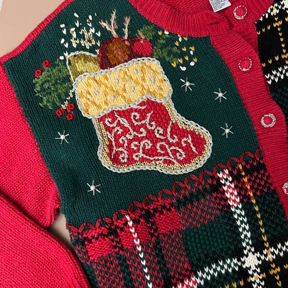 Vintage Chunky Knit Mixed Media Christmas Cardigan Sweater - Picture 11 of 16